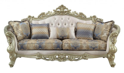 40" Antiqued White Velvet Curved Floral Sofa And Toss Pillows With Champagne Legs HomeRoots