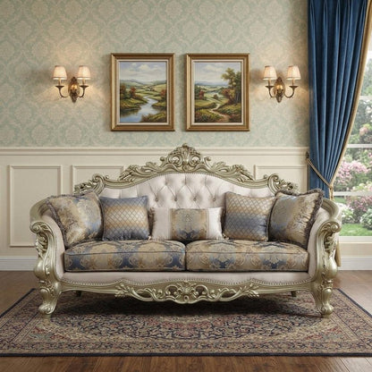 40" Antiqued White Velvet Curved Floral Sofa And Toss Pillows With Champagne Legs HomeRoots