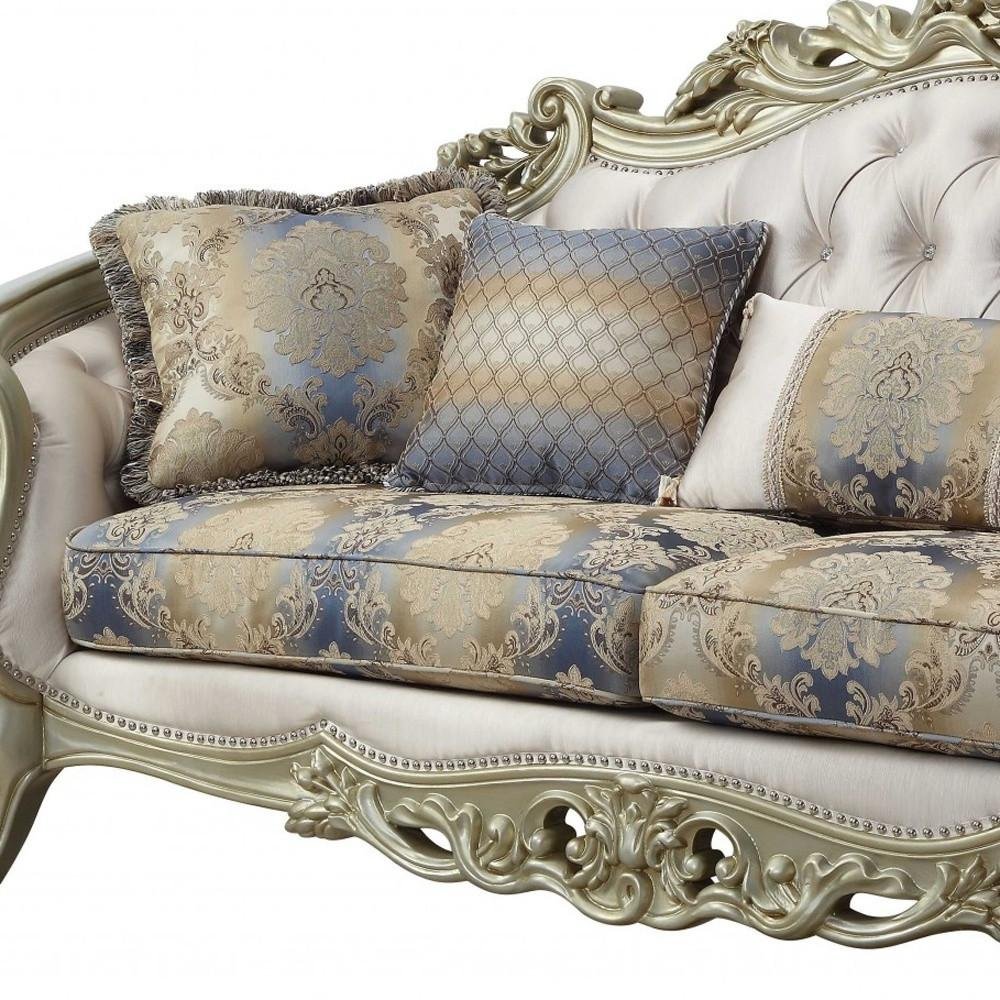 40" Antiqued White Velvet Curved Floral Sofa And Toss Pillows With Champagne Legs HomeRoots