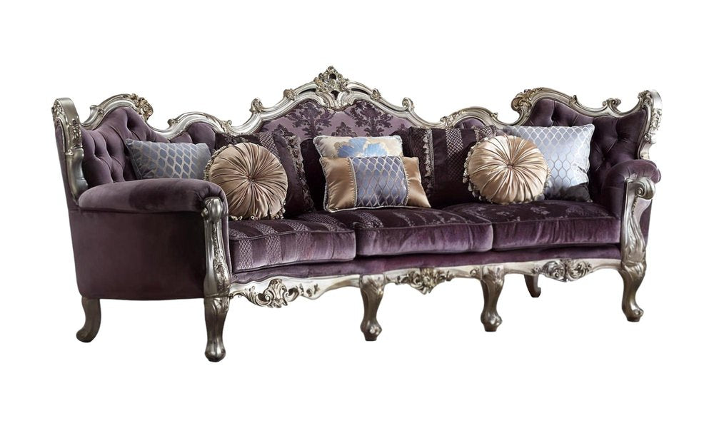 52" Dark Purple Velvet Curved Striped Sofa And Toss Pillows With Platinum Legs HomeRoots