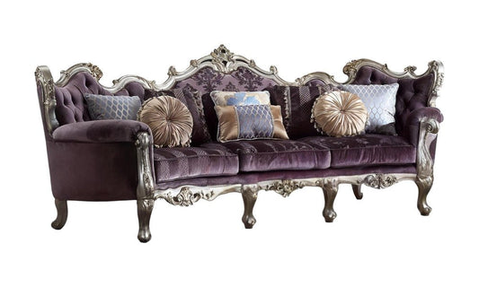 52" Dark Purple Velvet Curved Striped Sofa And Toss Pillows With Platinum Legs HomeRoots