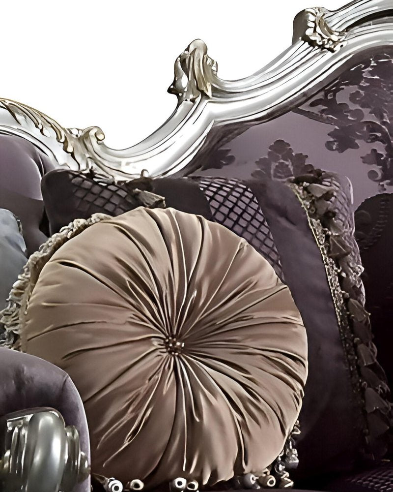 52" Dark Purple Velvet Curved Striped Sofa And Toss Pillows With Platinum Legs HomeRoots
