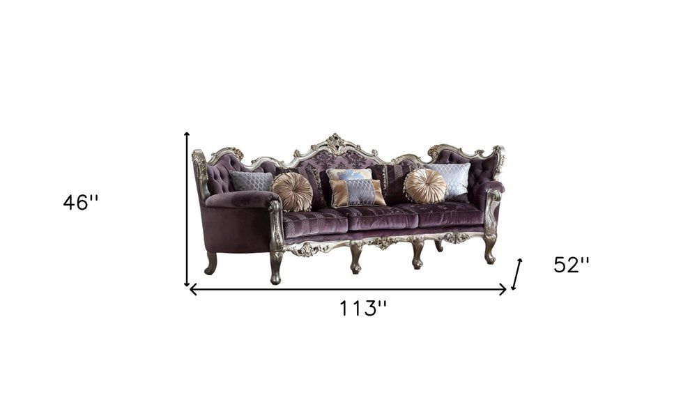 52" Dark Purple Velvet Curved Striped Sofa And Toss Pillows With Platinum Legs HomeRoots