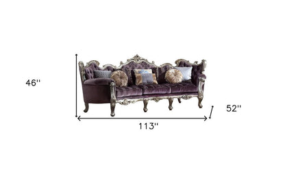 52" Dark Purple Velvet Curved Striped Sofa And Toss Pillows With Platinum Legs HomeRoots