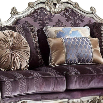 52" Dark Purple Velvet Curved Striped Sofa And Toss Pillows With Platinum Legs HomeRoots