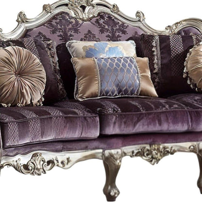 52" Dark Purple Velvet Curved Striped Sofa And Toss Pillows With Platinum Legs HomeRoots