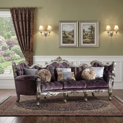 52" Dark Purple Velvet Curved Striped Sofa And Toss Pillows With Platinum Legs HomeRoots