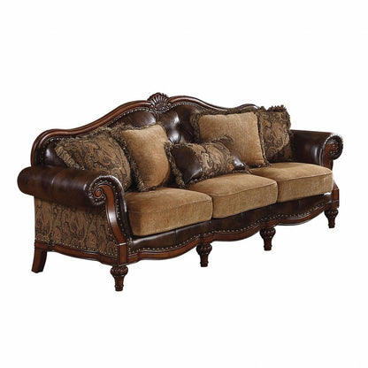 37" Brown Faux Leather and Chenille Sofa And Toss Pillows With Dark Brown Legs HomeRoots