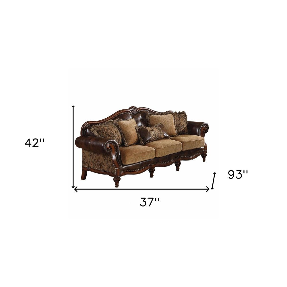 37" Brown Faux Leather and Chenille Sofa And Toss Pillows With Dark Brown Legs HomeRoots