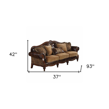 37" Brown Faux Leather and Chenille Sofa And Toss Pillows With Dark Brown Legs HomeRoots