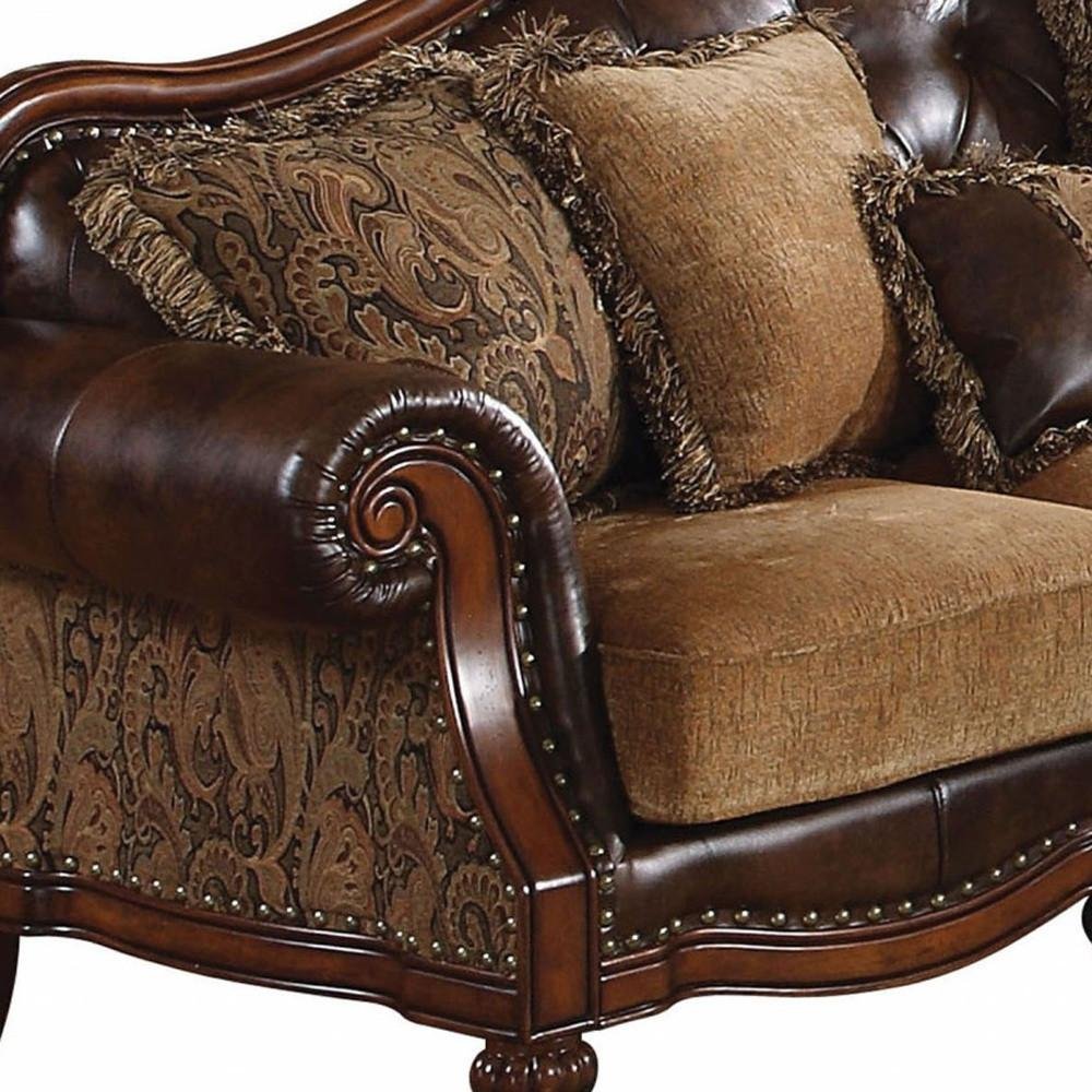 37" Brown Faux Leather and Chenille Sofa And Toss Pillows With Dark Brown Legs HomeRoots