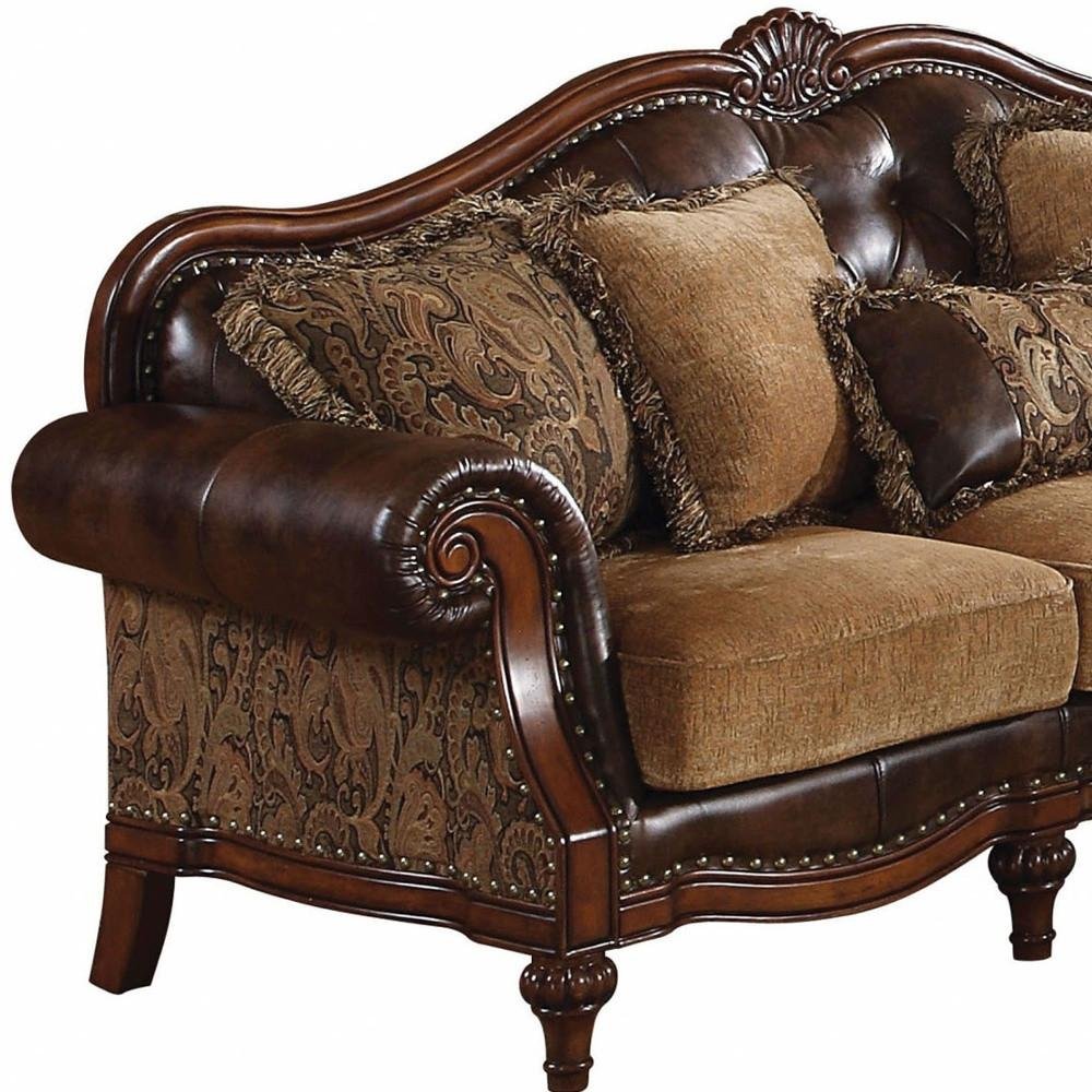 37" Brown Faux Leather and Chenille Sofa And Toss Pillows With Dark Brown Legs HomeRoots
