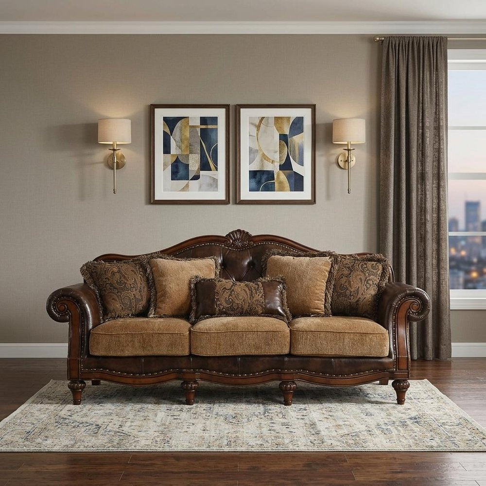 37" Brown Faux Leather and Chenille Sofa And Toss Pillows With Dark Brown Legs HomeRoots