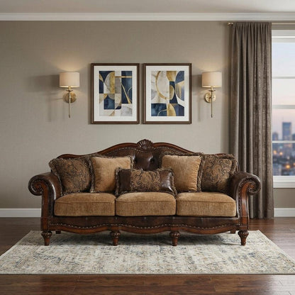 37" Brown Faux Leather and Chenille Sofa And Toss Pillows With Dark Brown Legs HomeRoots