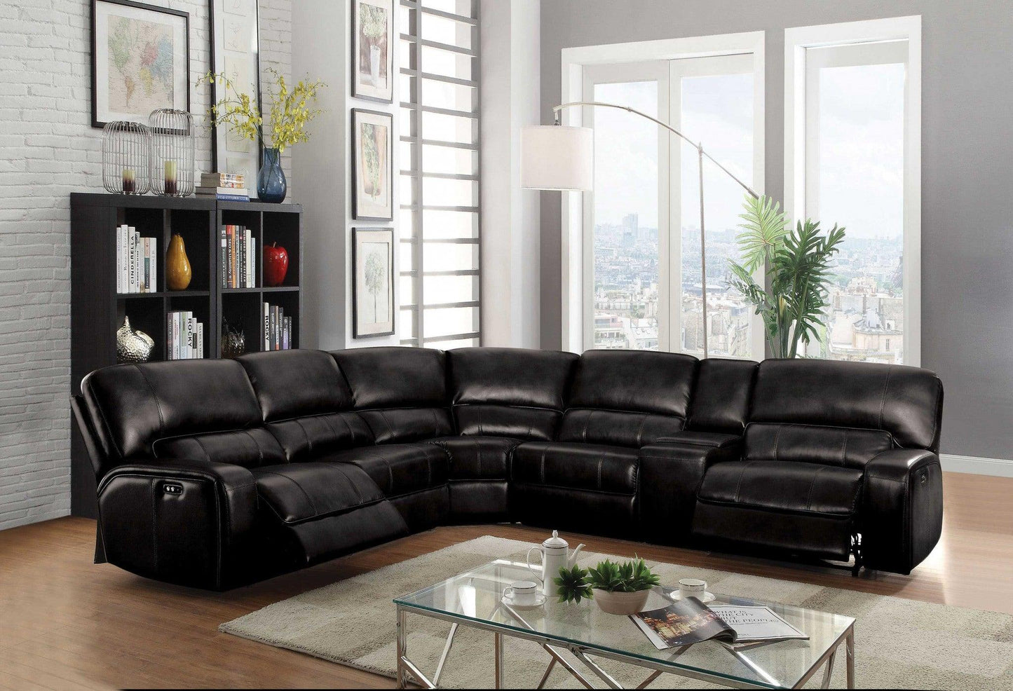 Black Faux Leather Power Reclining L Shaped Six Piece Corner Sectional With Console - FurniFindUSA