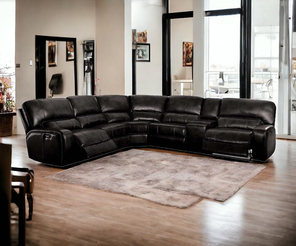 Black Faux Leather Power Reclining L Shaped Six Piece Corner Sectional With Console - FurniFindUSA