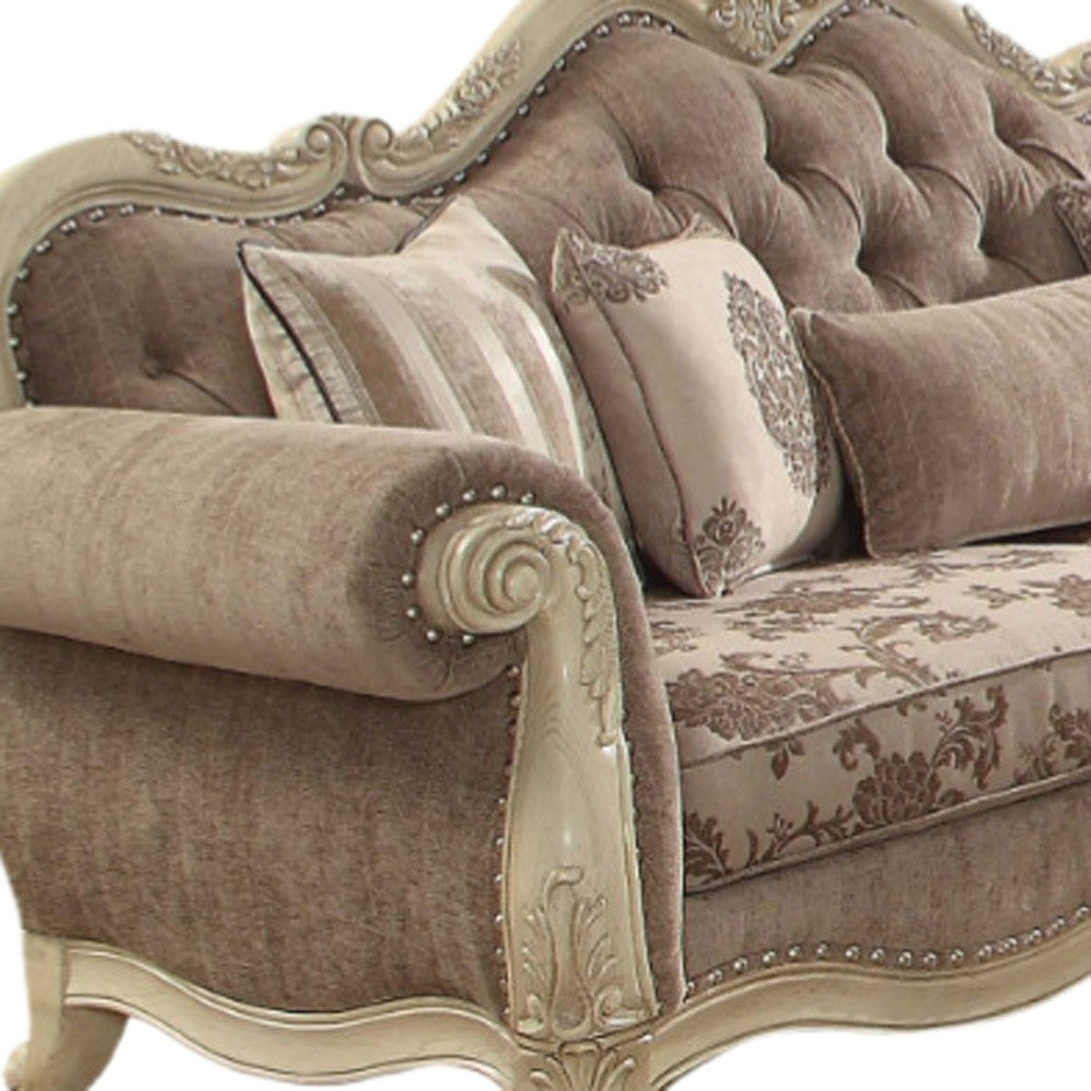 35" Brown Velvet Floral Sofa And Toss Pillows With Champagne Legs