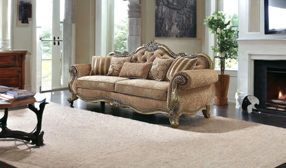 35" Brown Velvet Floral Sofa And Toss Pillows With Champagne Legs