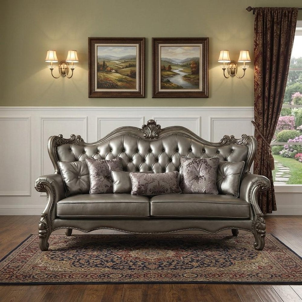 46" Platinum Faux Leather Curved Sofa And Toss Pillows HomeRoots