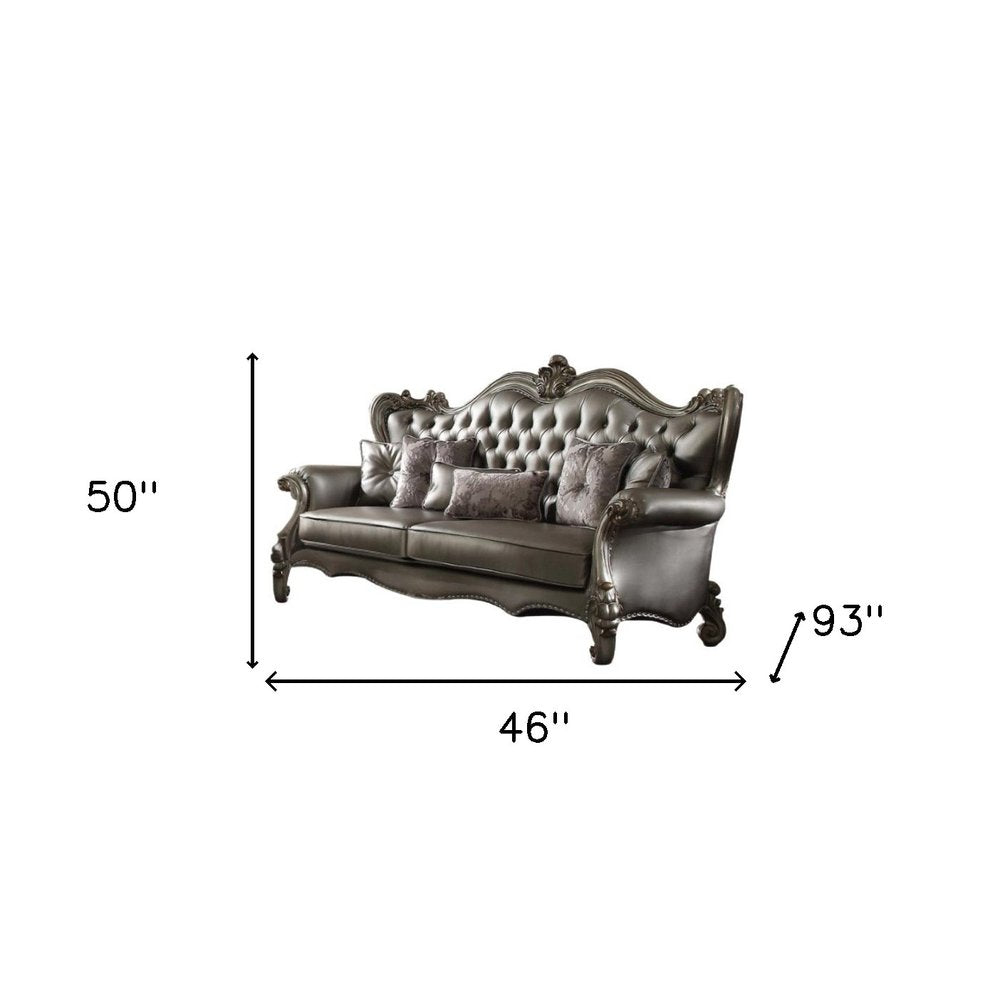 46" Platinum Faux Leather Curved Sofa And Toss Pillows HomeRoots