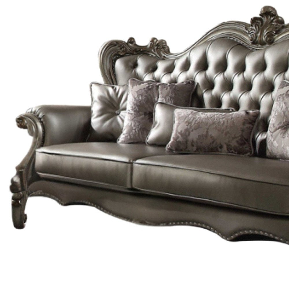 46" Platinum Faux Leather Curved Sofa And Toss Pillows HomeRoots