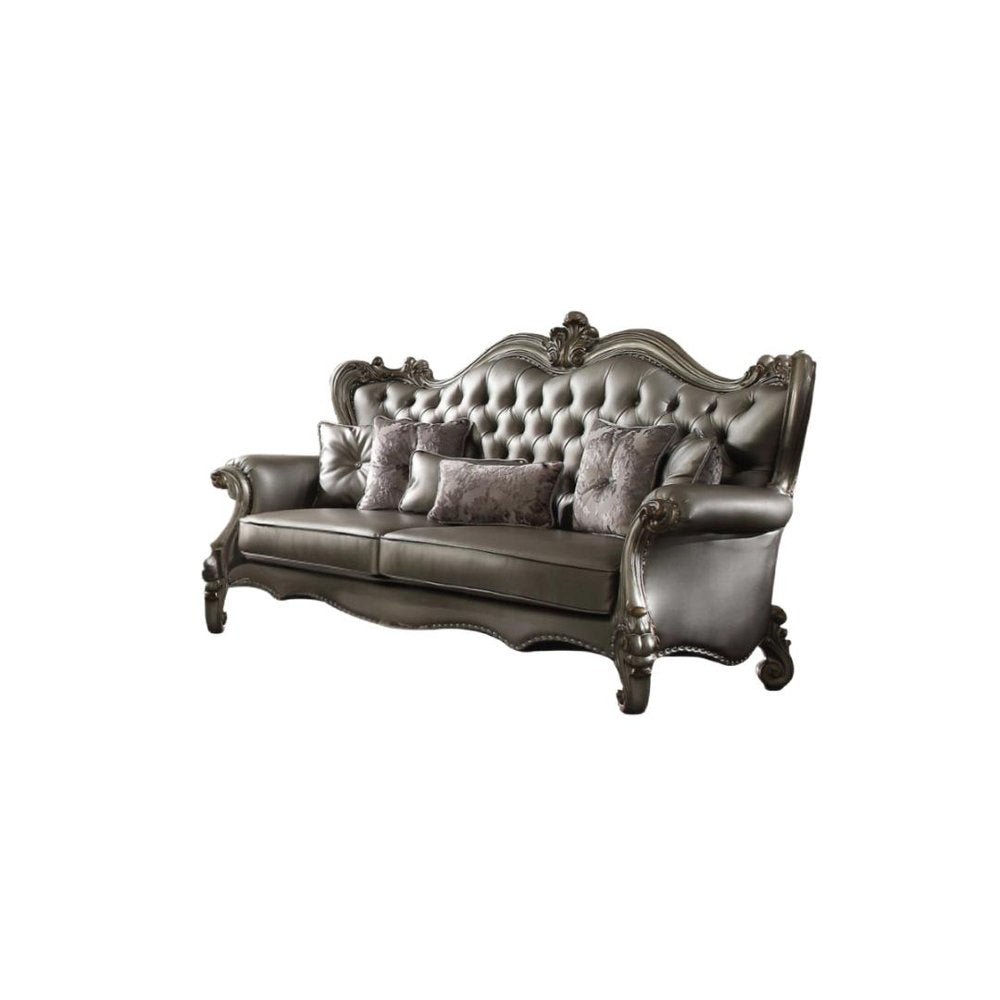 46" Platinum Faux Leather Curved Sofa And Toss Pillows HomeRoots