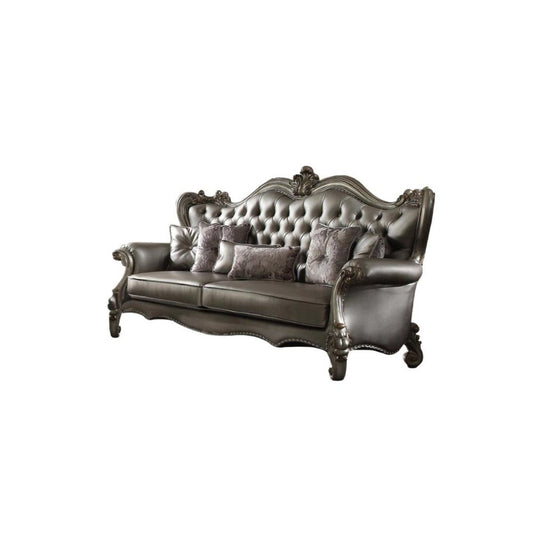 46" Platinum Faux Leather Curved Sofa And Toss Pillows HomeRoots