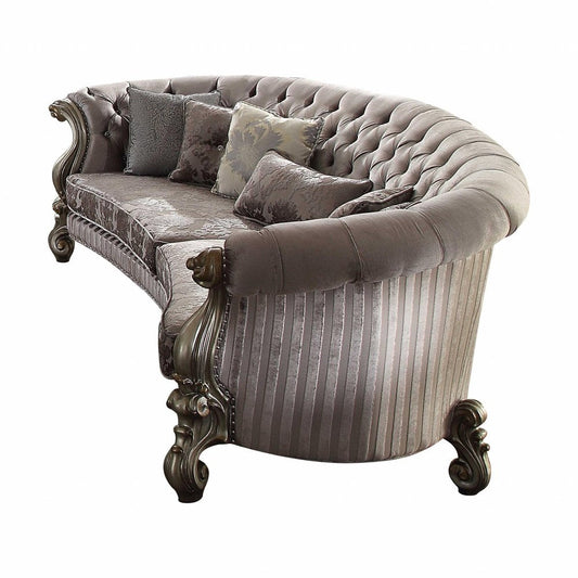 55" Gray Velvet Curved Floral Sofa And Toss Pillows With Champagne Legs HomeRoots