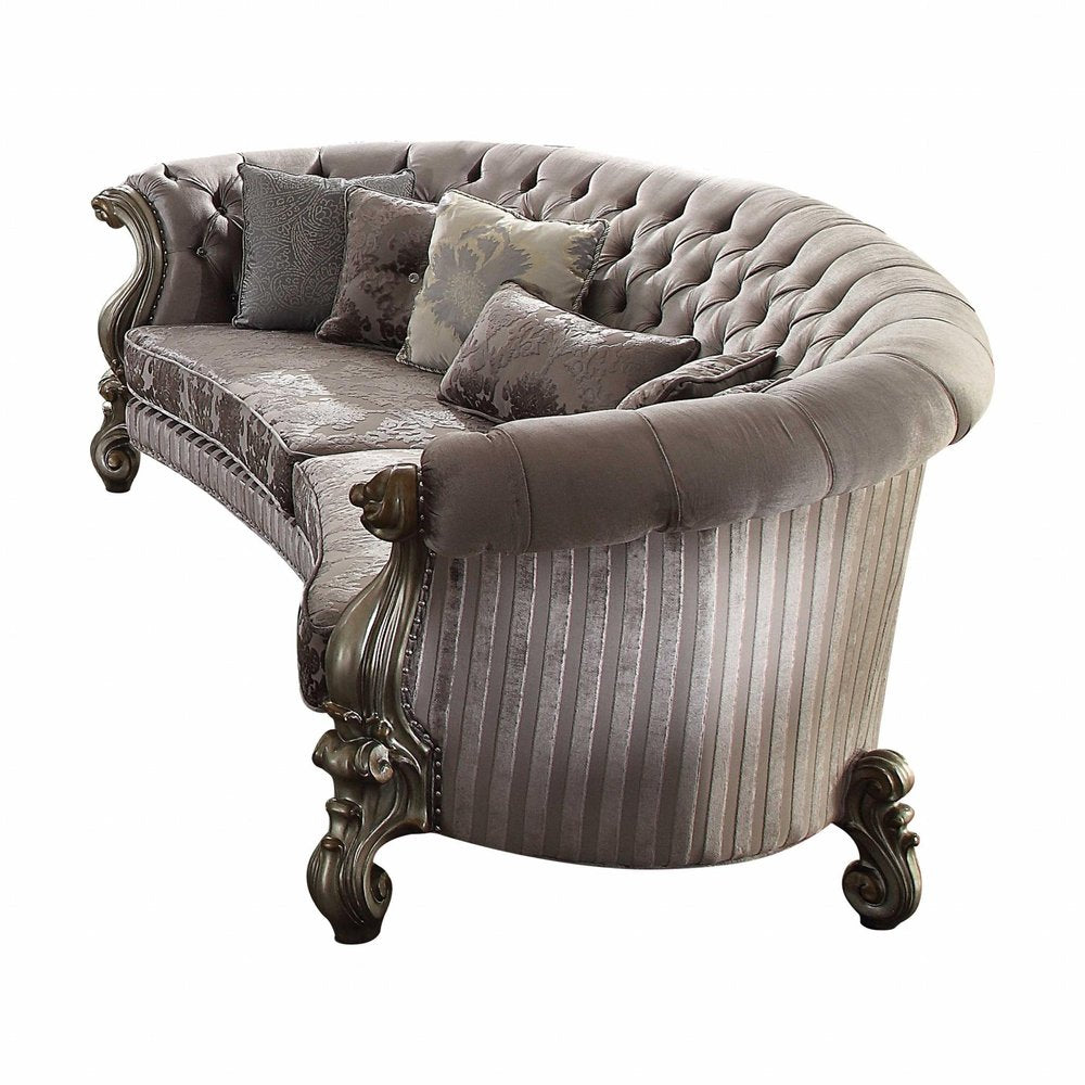 55" Gray Velvet Curved Floral Sofa And Toss Pillows With Champagne Legs HomeRoots