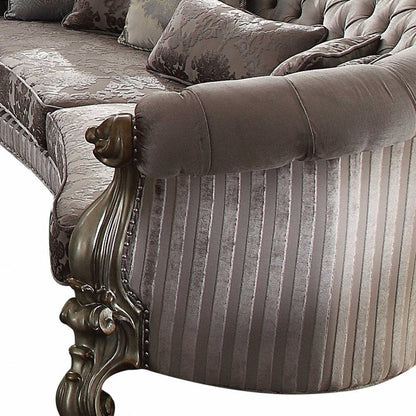 55" Gray Velvet Curved Floral Sofa And Toss Pillows With Champagne Legs HomeRoots