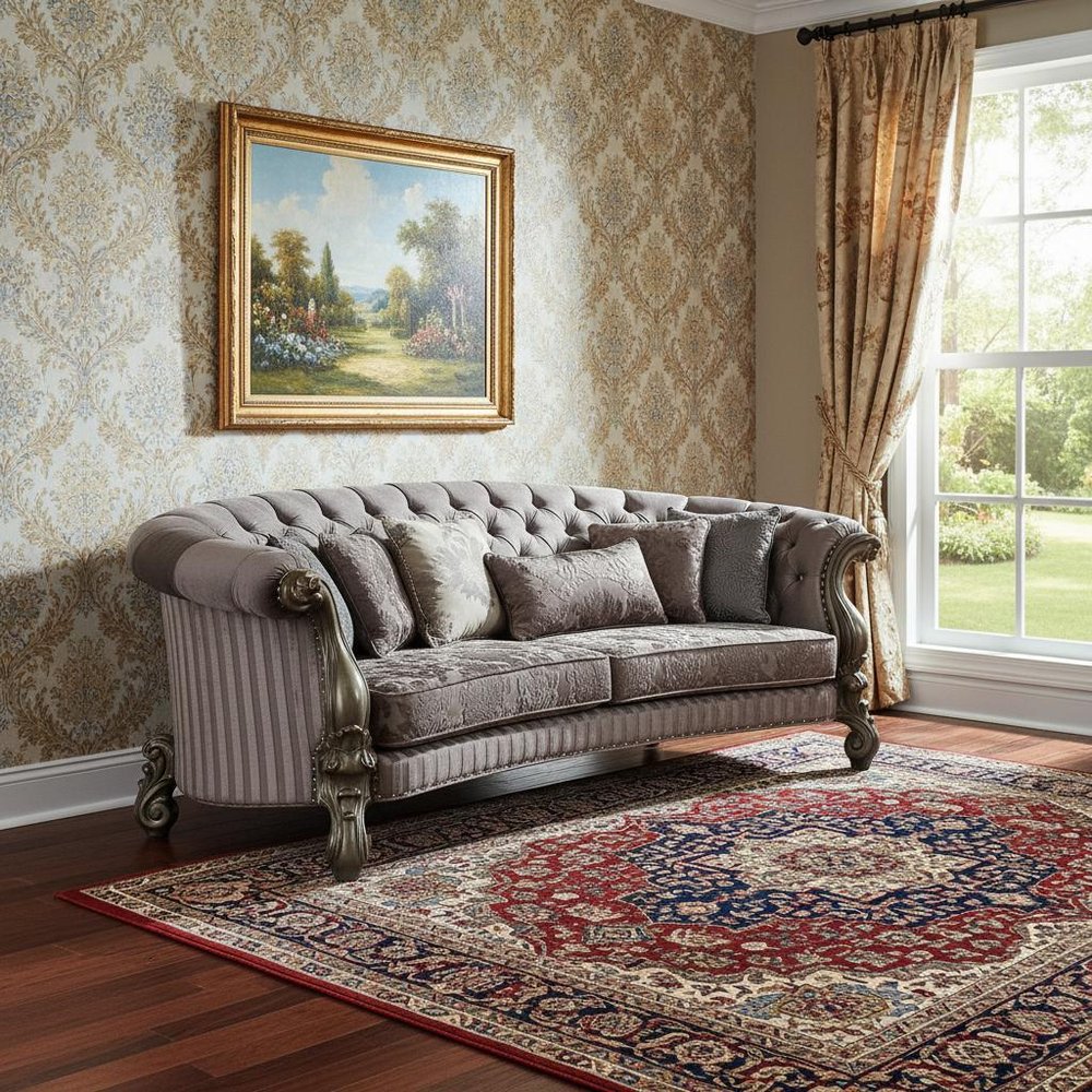 55" Gray Velvet Curved Floral Sofa And Toss Pillows With Champagne Legs HomeRoots