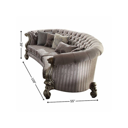 55" Gray Velvet Curved Floral Sofa And Toss Pillows With Champagne Legs HomeRoots