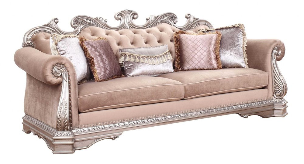 42" Rosegold Velvet Sofa And Toss Pillows With Silver Legs HomeRoots