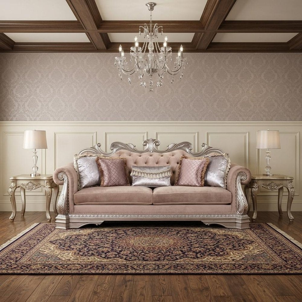 42" Rosegold Velvet Sofa And Toss Pillows With Silver Legs HomeRoots