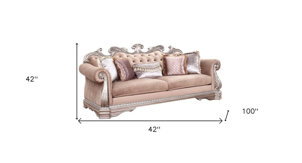 42" Rosegold Velvet Sofa And Toss Pillows With Silver Legs HomeRoots