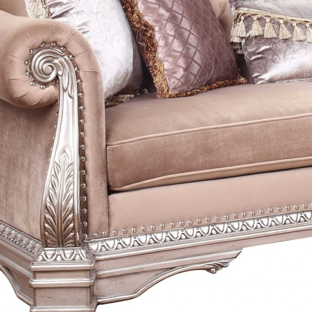 42" Rosegold Velvet Sofa And Toss Pillows With Silver Legs HomeRoots