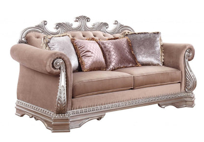 80" Champagne Velour Loveseat and Toss Pillows HomeRoots