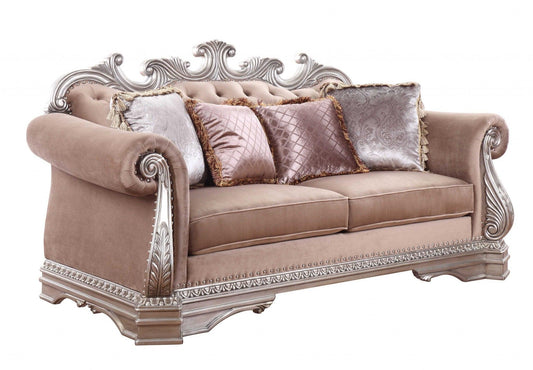 80" Champagne Velour Loveseat and Toss Pillows - FurniFindUSA