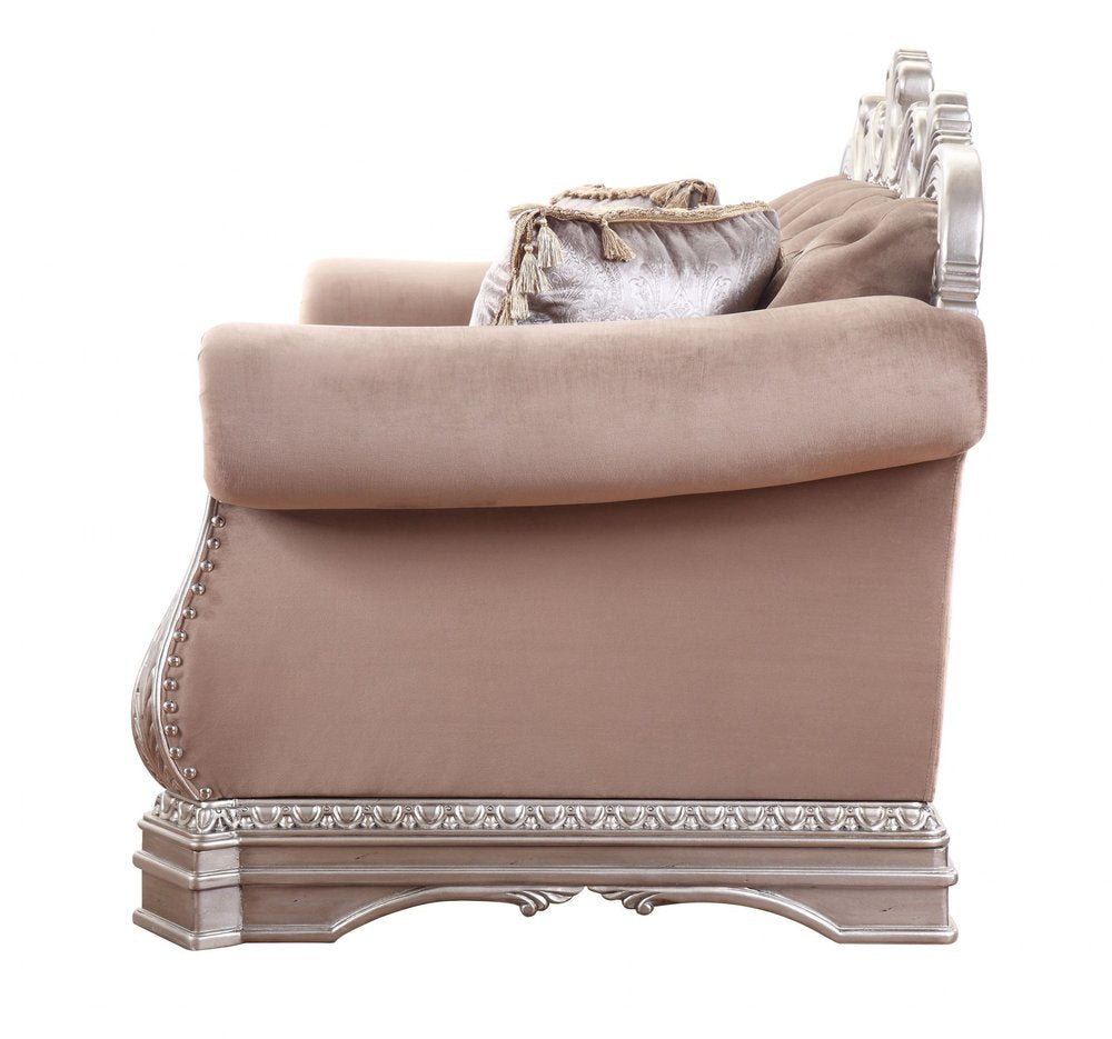 80" Champagne Velour Loveseat and Toss Pillows HomeRoots