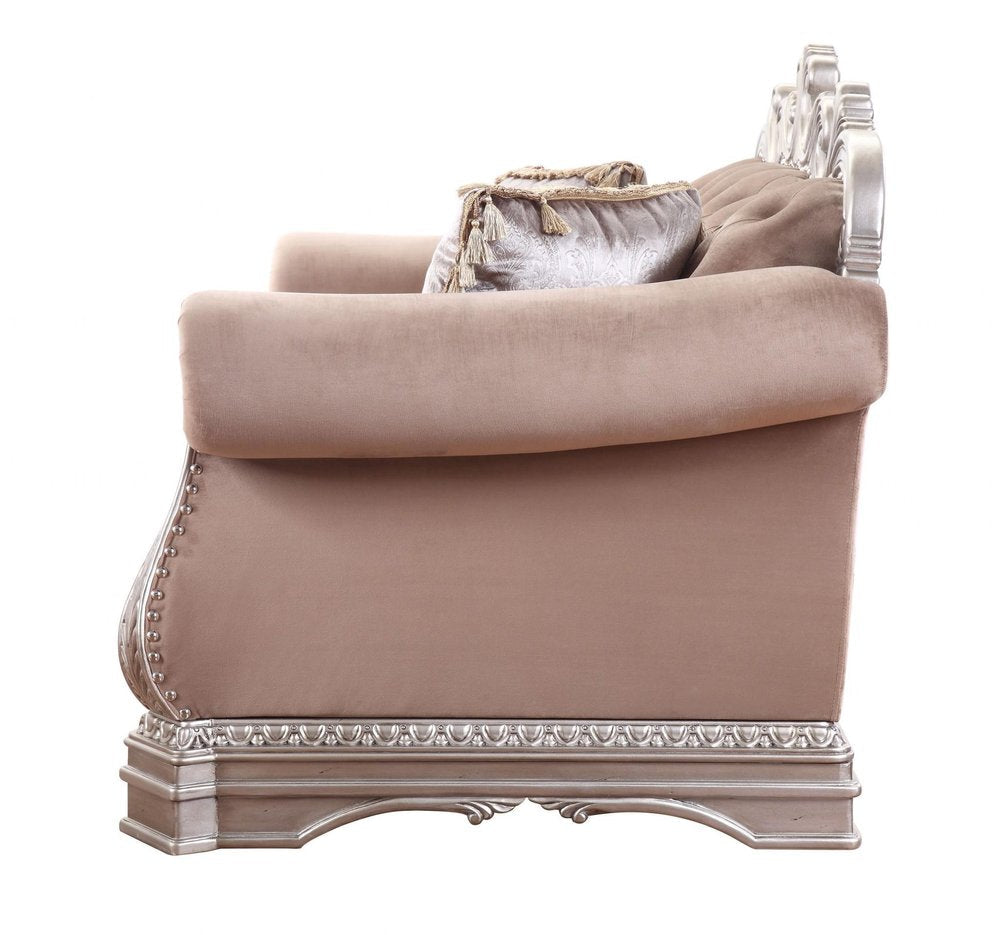 80" Champagne Velour Loveseat and Toss Pillows HomeRoots