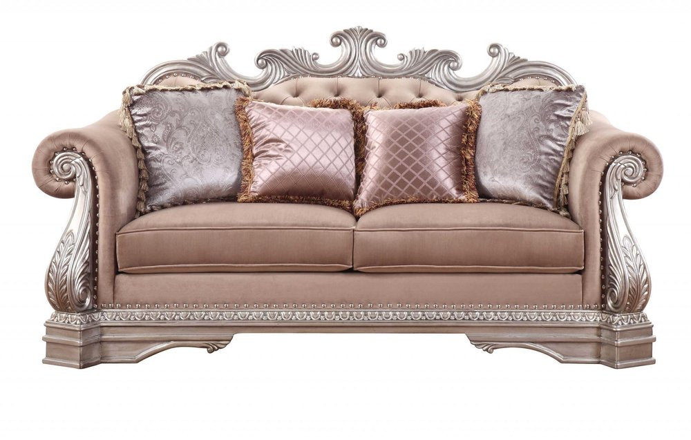 80" Champagne Velour Loveseat and Toss Pillows HomeRoots