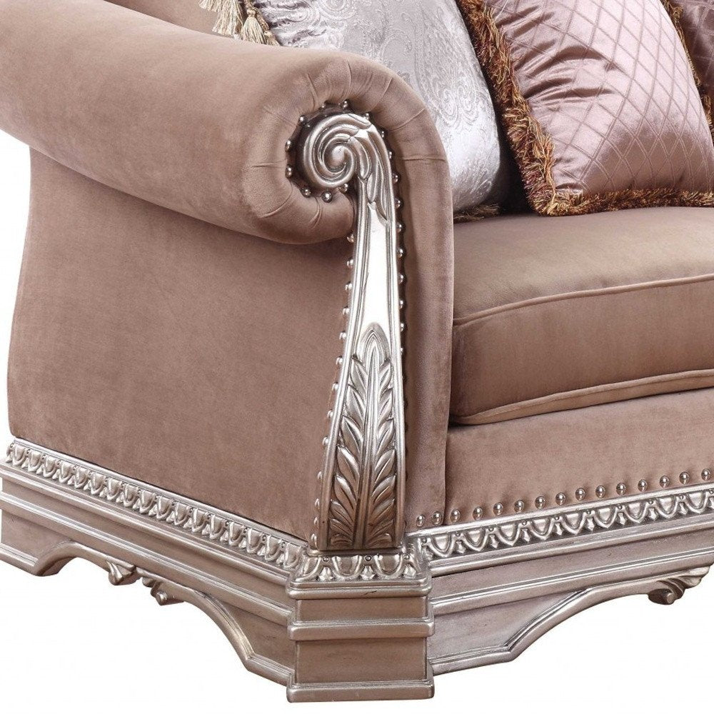 80" Champagne Velour Loveseat and Toss Pillows HomeRoots
