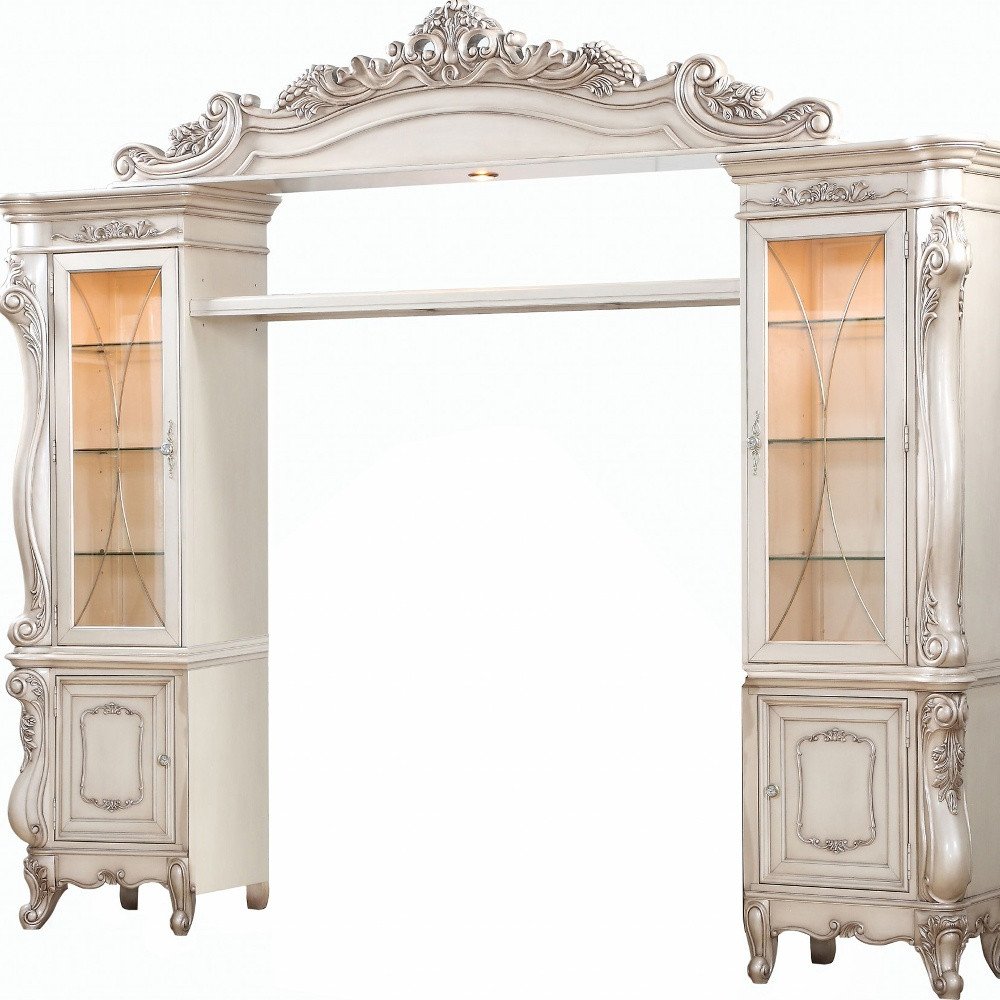 101" Antiqued White and Clear Distressed Solid Wood and Wood Textured Door Entertainment Center With Four Doors HomeRoots