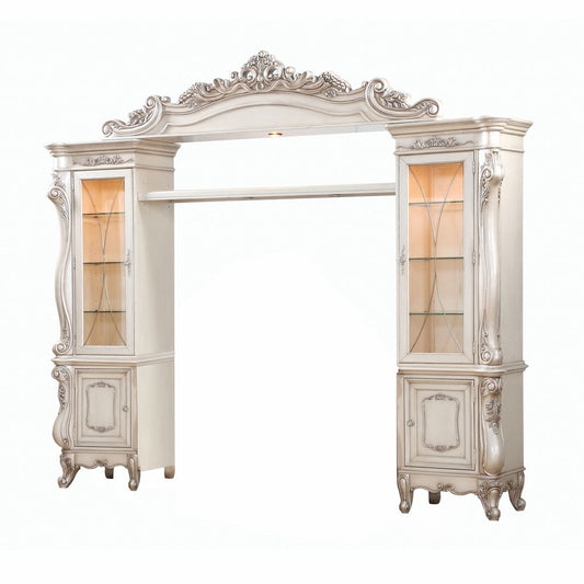 101" Antiqued White and Clear Distressed Solid Wood and Wood Textured Door Entertainment Center With Four Doors HomeRoots