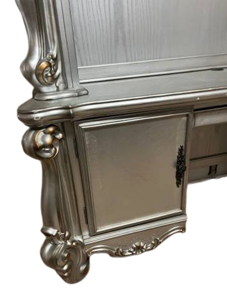 76" Platinum Solid Wood Peninsula Wall Mounted Computer Desk With Four Cabinets Five Drawers HomeRoots