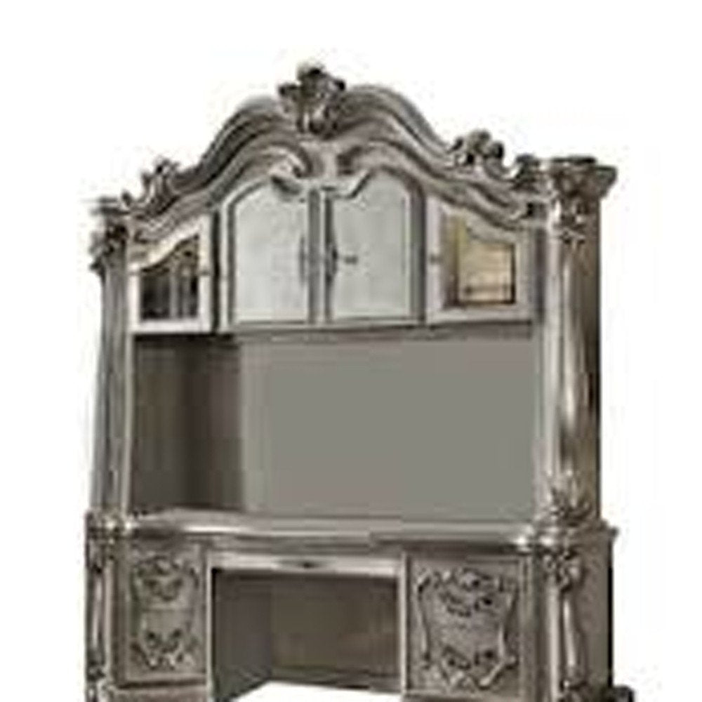 76" Platinum Solid Wood Peninsula Wall Mounted Computer Desk With Four Cabinets Five Drawers HomeRoots