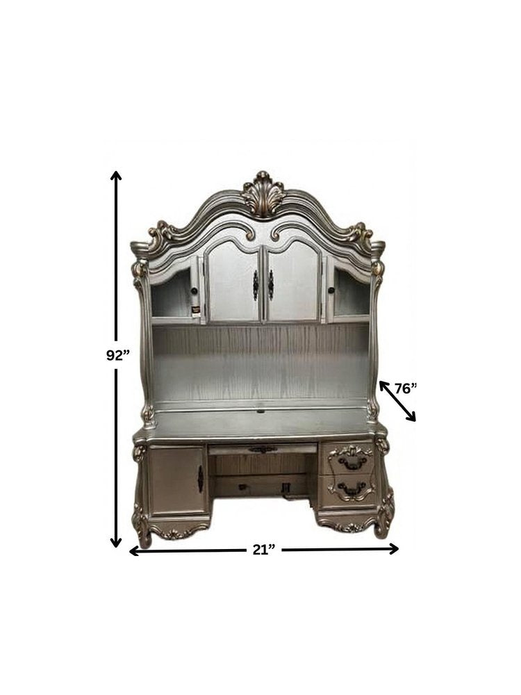 76" Platinum Solid Wood Peninsula Wall Mounted Computer Desk With Four Cabinets Five Drawers HomeRoots