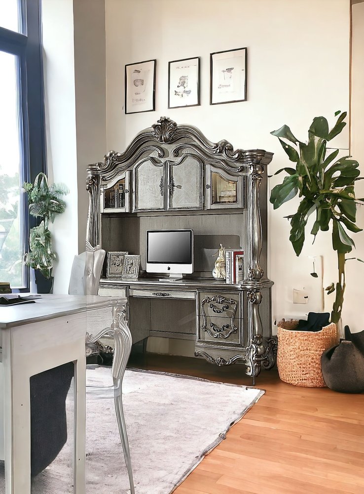 76" Platinum Solid Wood Peninsula Wall Mounted Computer Desk With Four Cabinets Five Drawers HomeRoots