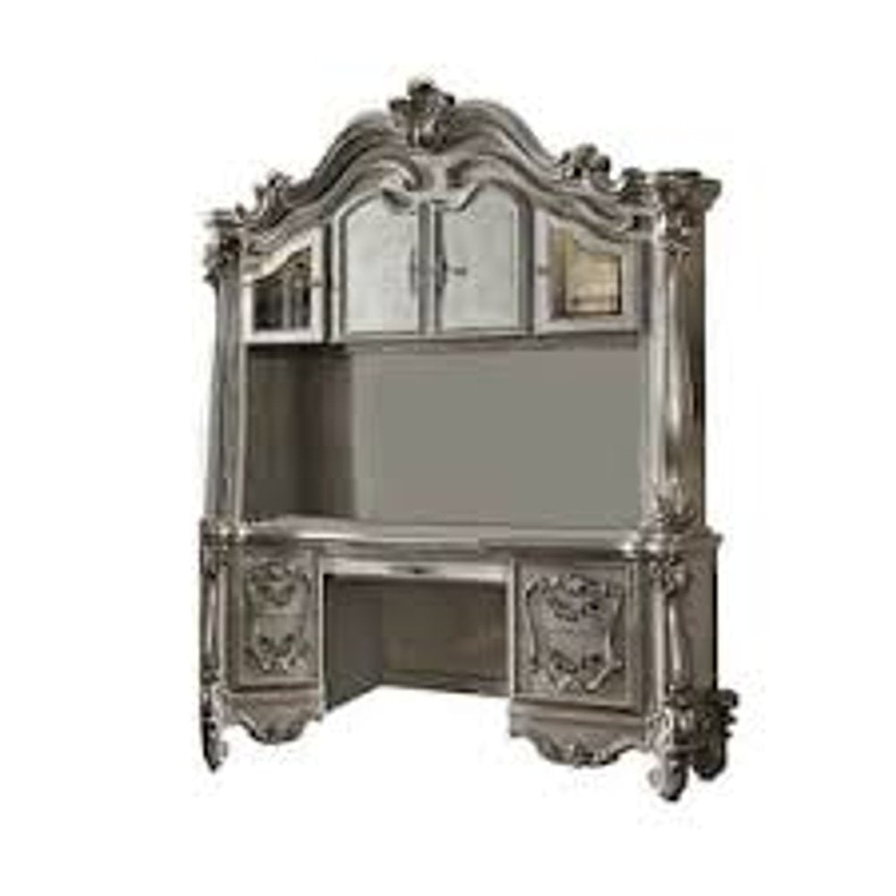 76" Platinum Solid Wood Peninsula Wall Mounted Computer Desk With Four Cabinets Five Drawers HomeRoots