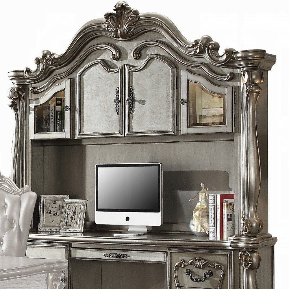 76" Platinum Solid Wood Peninsula Wall Mounted Computer Desk With Four Cabinets Five Drawers HomeRoots